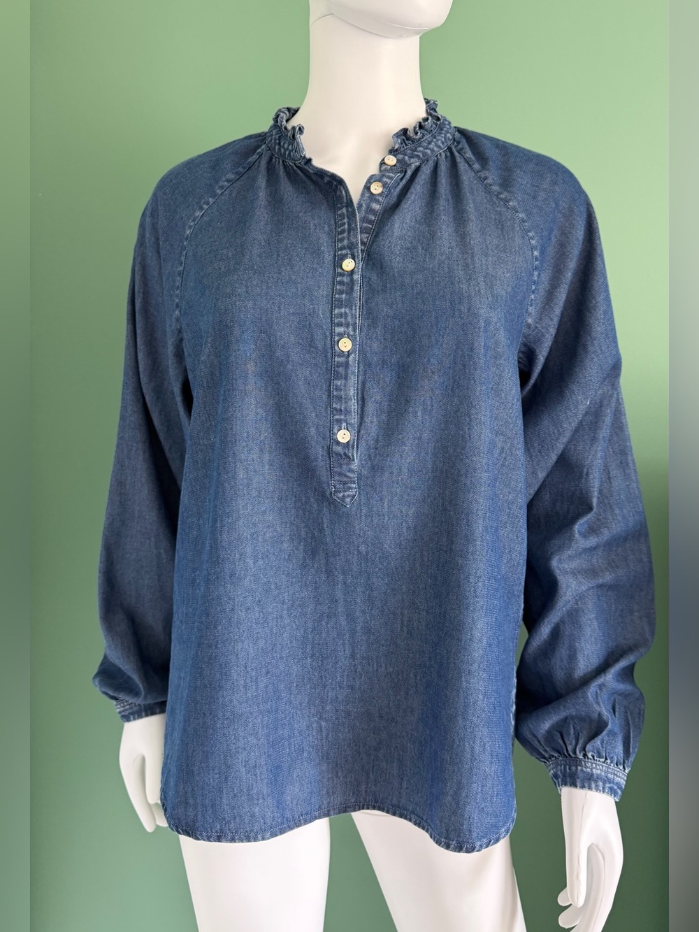 Unsubscribed Women's Denim Button-Front Ruffle Collar Shirt - Blue